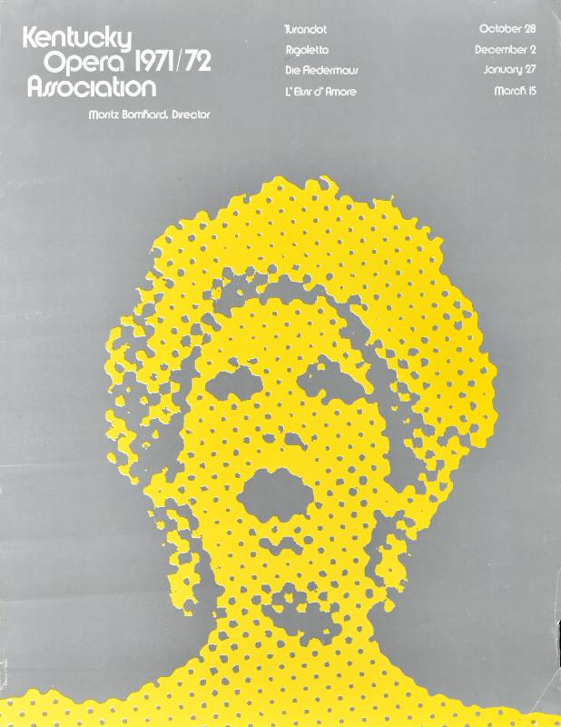 A poster of a pixelated head of a woman singing against a gray background.