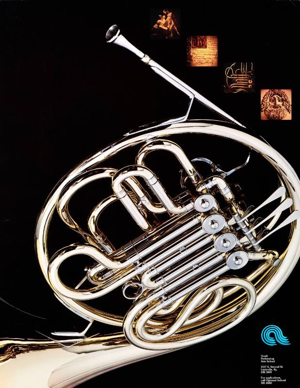 A poster of a bright silver french horn below bronze images of sheet music, actors, tubes and a mask.