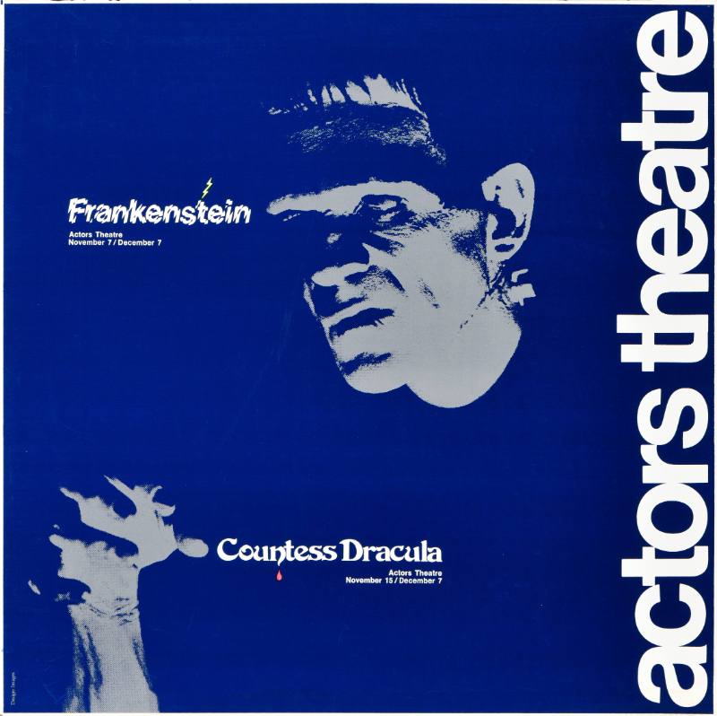 A poster of a blue and silver image of Frankenstein's monster lit heavily from below.