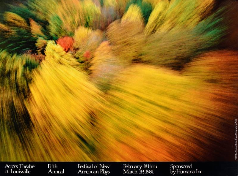 A poster of a blurry swirled image of autumnal red, green and yellow trees.
