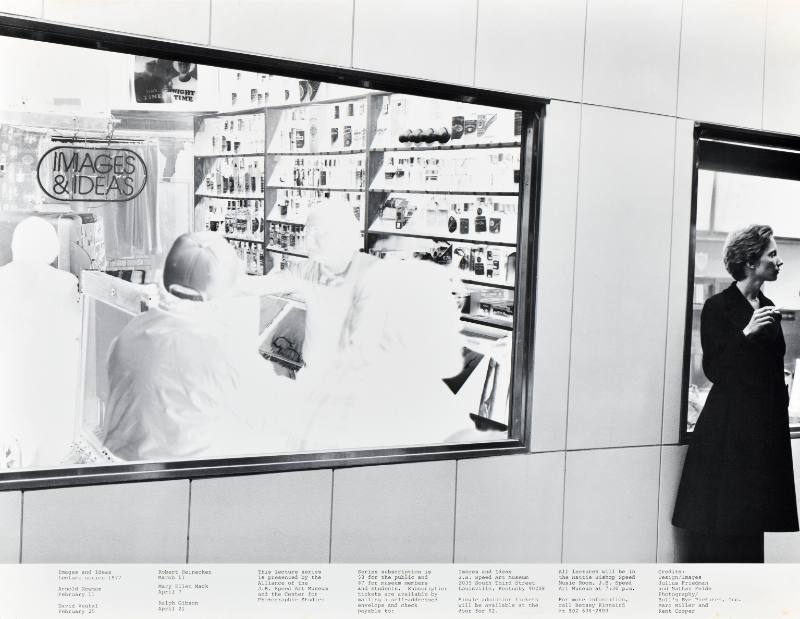 A poster of a black and white image of a person standing next to an x-ray edited image of bar.