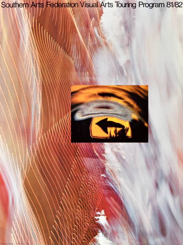 A poster of a crossing wavy lines and cloudy brush strokes behind a warped picture of a street sign.