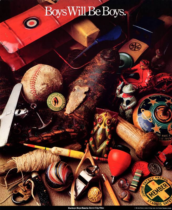 A poster of scattered wooden and metal toys, a baseball, a catcher's mitt, and badges.