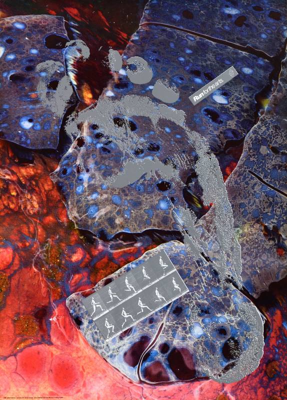 A poster of a giant silver foot print overlaying geode slabs and a film strip of a person running.