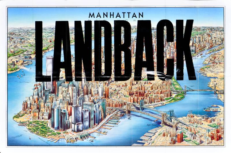 A poster of a detailed illustrated map of Manhattan with 