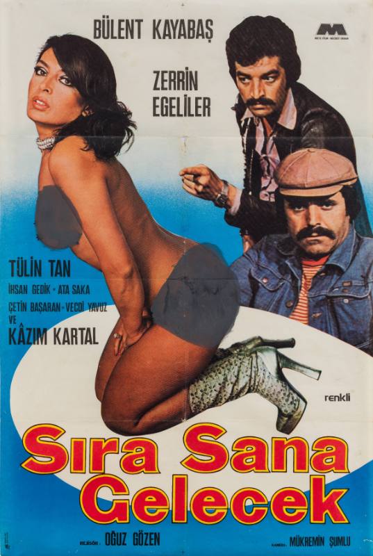 A poster of a woman kneeling with boots and marks over her chest and bottom with two men next to her.