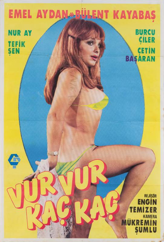 A poster of a red haired woman holding clothing behind her with a pattern cut to look like a bikini.