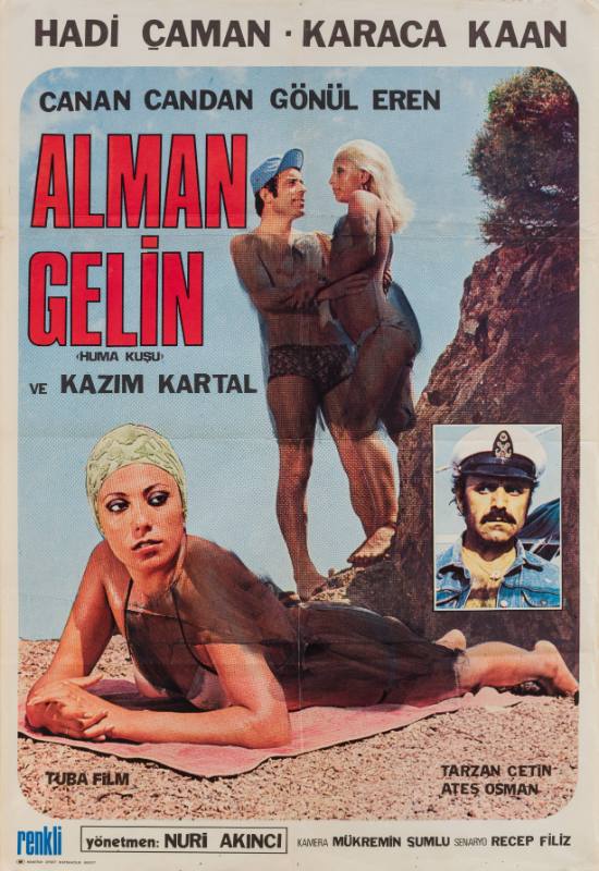 A poster of a woman laying on sand in front of man holding a woman's waist by an image of a sailor.