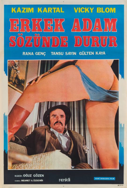 A poster of a blonde woman leaning against a bed post covered in black marker in front of a man.