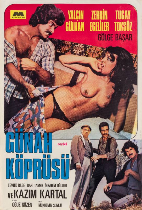 A poster of an angry man tearing off a drew from a woman above three crouched men.