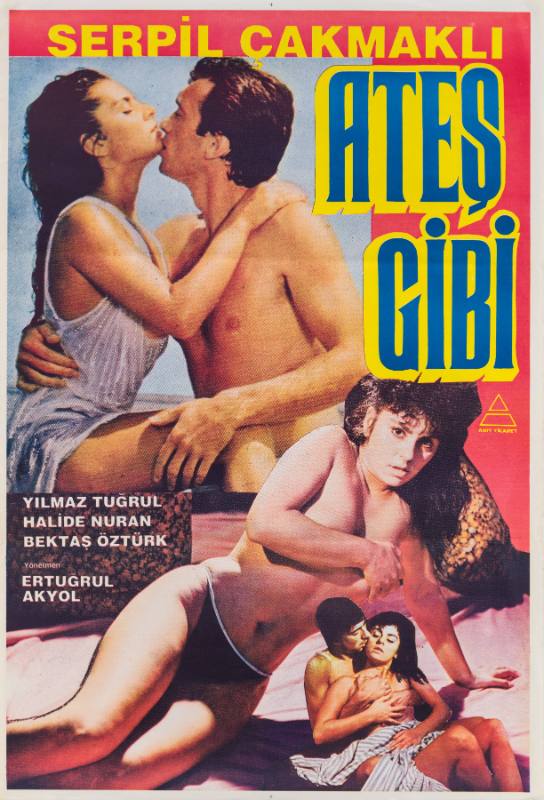 A poster of a woman posing on the floor between two images of her being kissed by two different men.