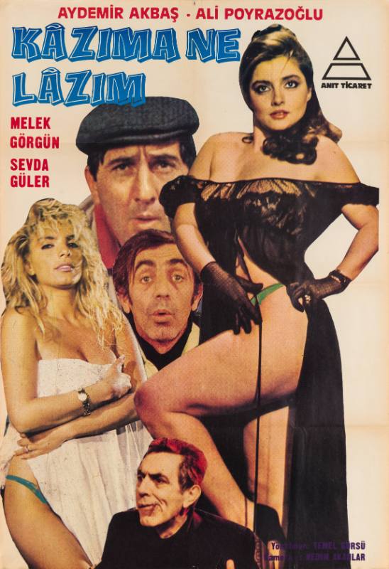 A poster of a woman in black showing her thigh, a woman in a towel, and three men between them.