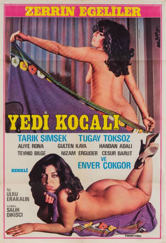 A poster of a nude woman holding a purple cloth behind her above an image of her laying on the cloth.