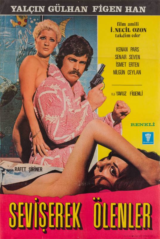 A poster of a nude blonde woman standing behind a man with a gun behind a woman laying down.
