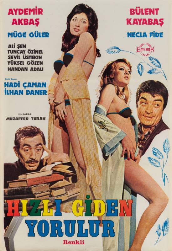 A poster of a woman with a yellow robe and another with a white robe between two men.