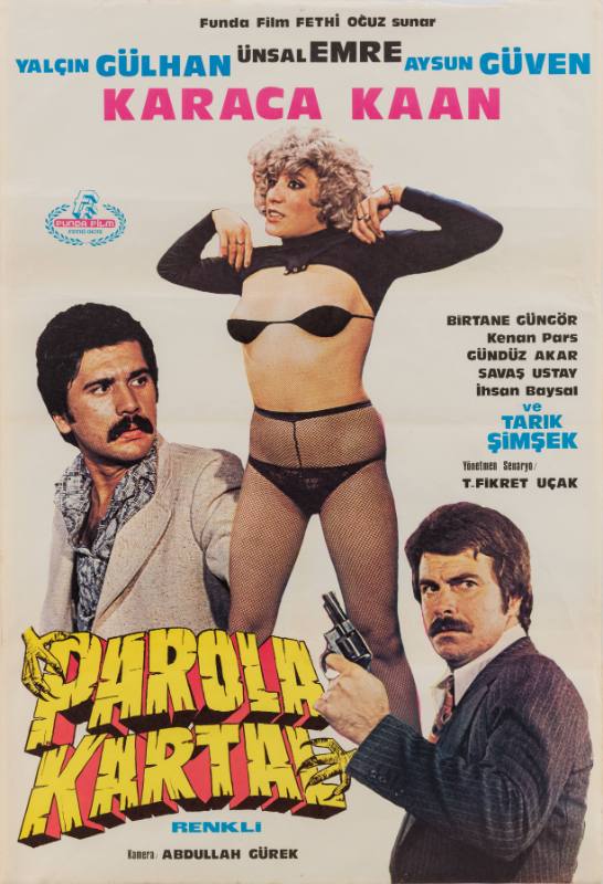 A poster of two men with mustaches dressed in suits on either side of a woman in black lingerie. One man holds a gun.