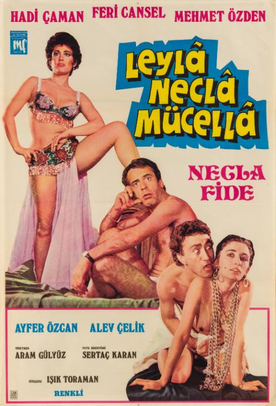 A poster of a woman standing next to a sitting man behind a man in sheets on a woman with gold chains.